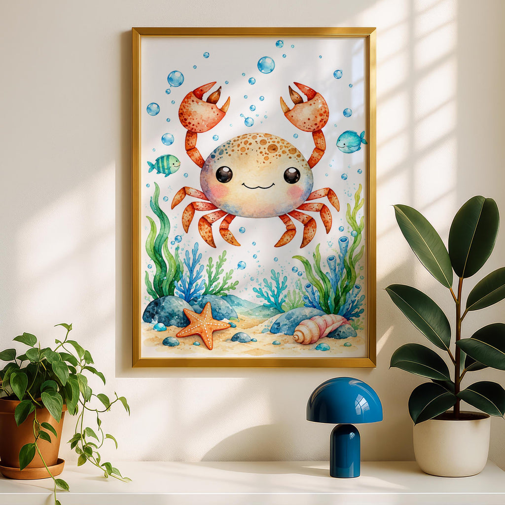 Cute Crab Watercolour Nursery Wall Art, Underwater Sea Life Poster, Kids Bathroom Ocean Print