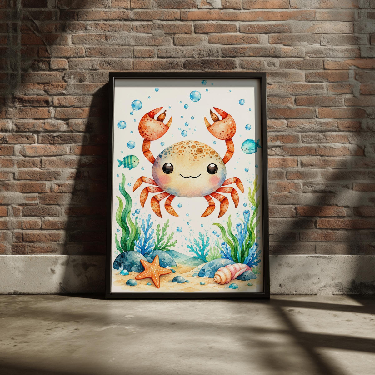 Cute Crab Watercolour Nursery Wall Art, Underwater Sea Life Poster, Kids Bathroom Ocean Print