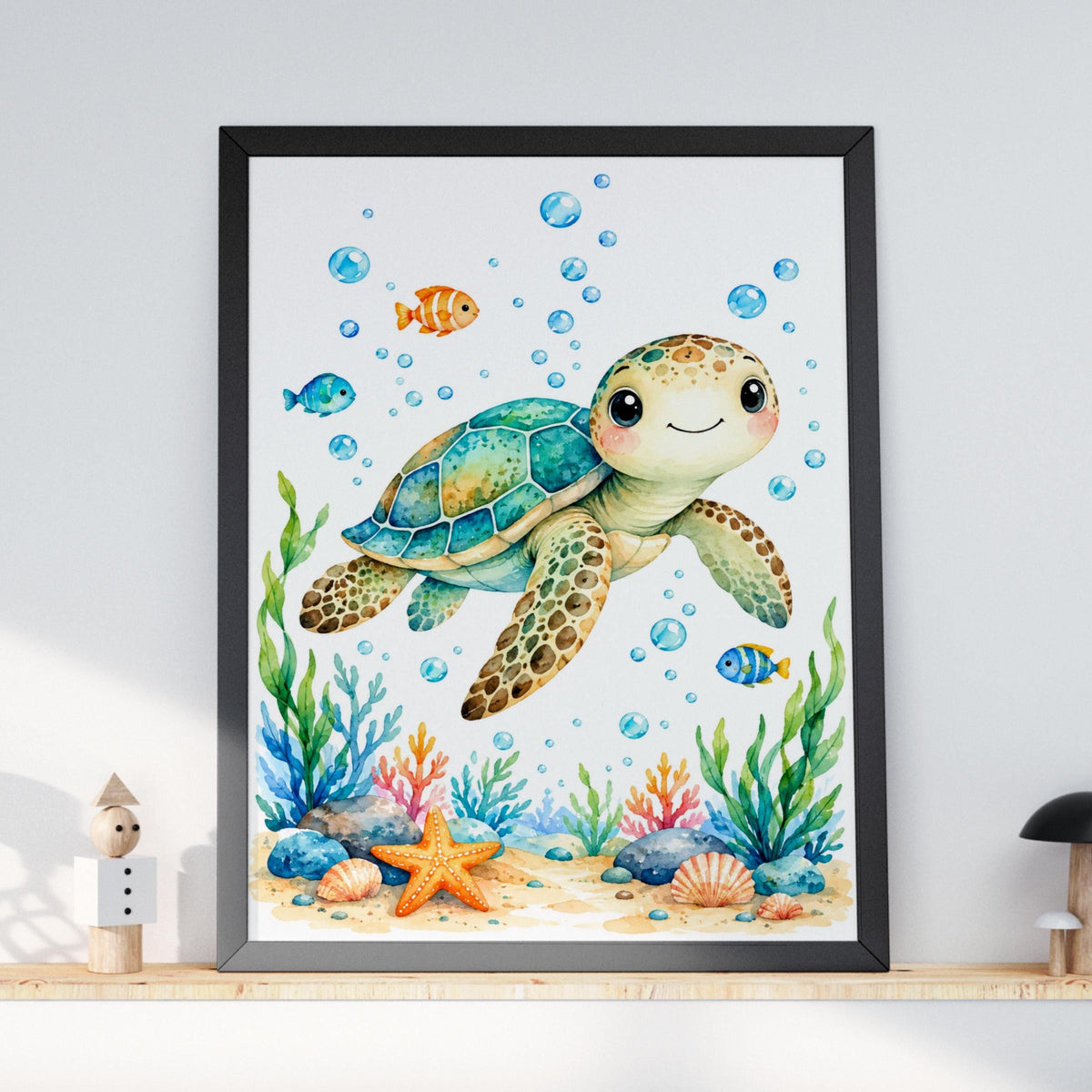 Sea Turtle Nursery Wall Art, Watercolour Ocean Animal Print, Baby Room Decor, Cute Underwater Poster