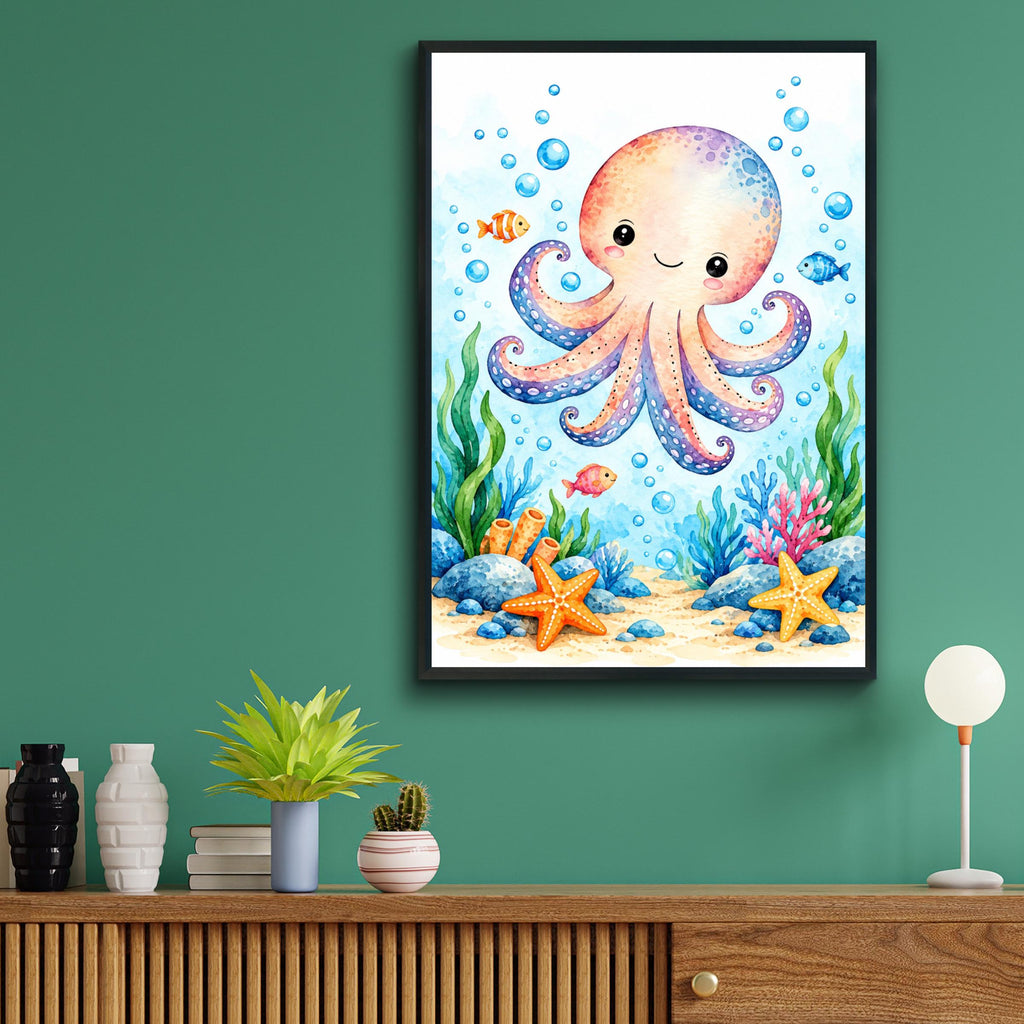 Cute Octopus Nursery Print, Watercolour Under the Sea Wall Art, Kids Room Ocean Poster, Baby Decor