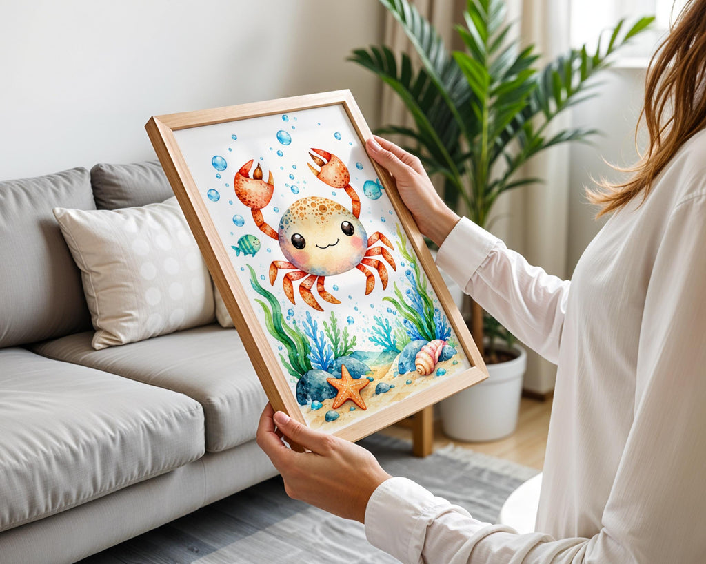 Cute Crab Watercolour Nursery Wall Art, Underwater Sea Life Poster, Kids Bathroom Ocean Print