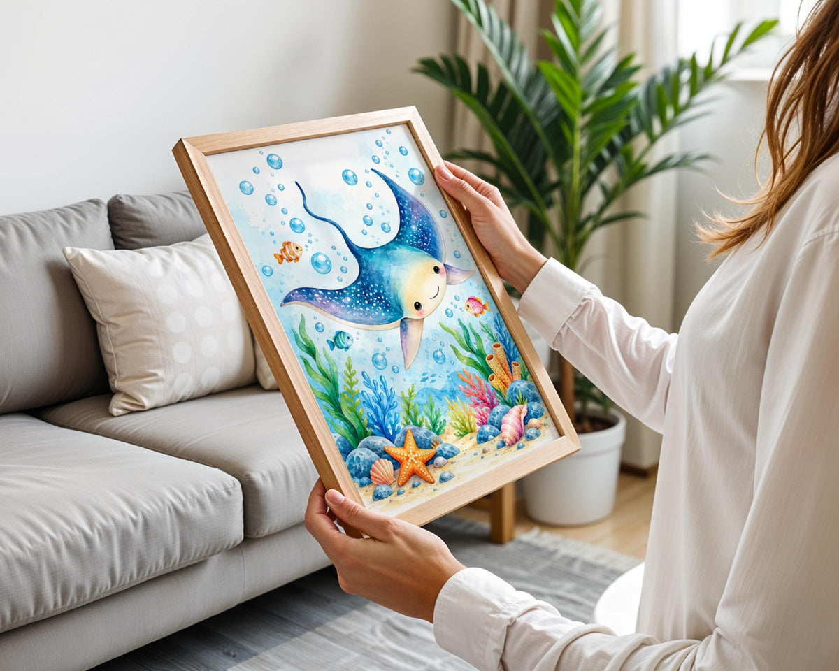 Manta Ray Nursery Wall Art, Watercolour Sea Animal Print, Under the Sea Kids Room Ocean Poster