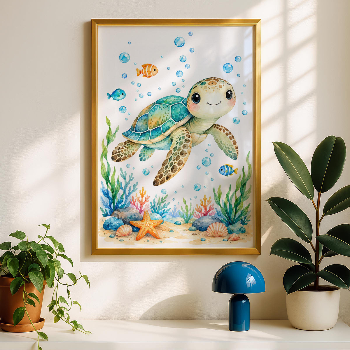 Sea Turtle Nursery Wall Art, Watercolour Ocean Animal Print, Baby Room Decor, Cute Underwater Poster