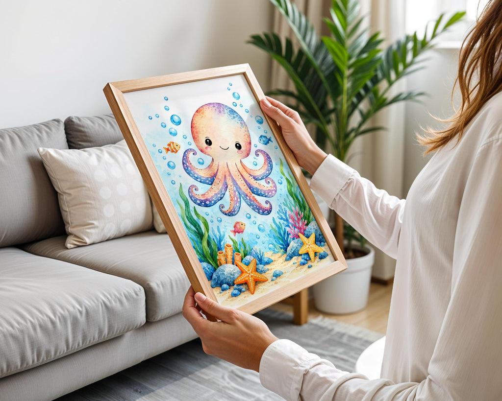 Cute Octopus Nursery Print, Watercolour Under the Sea Wall Art, Kids Room Ocean Poster, Baby Decor