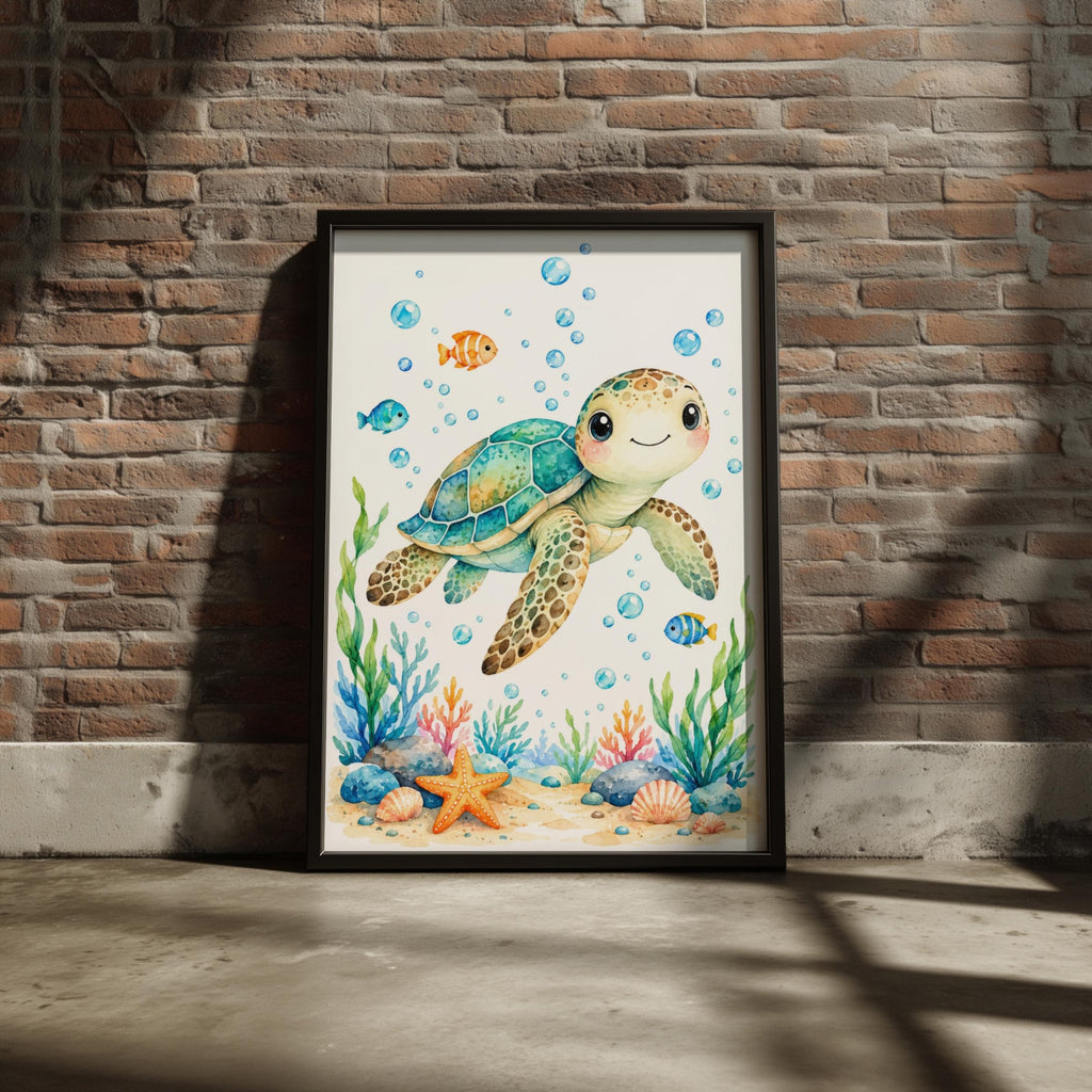 Sea Turtle Nursery Wall Art, Watercolour Ocean Animal Print, Baby Room Decor, Cute Underwater Poster