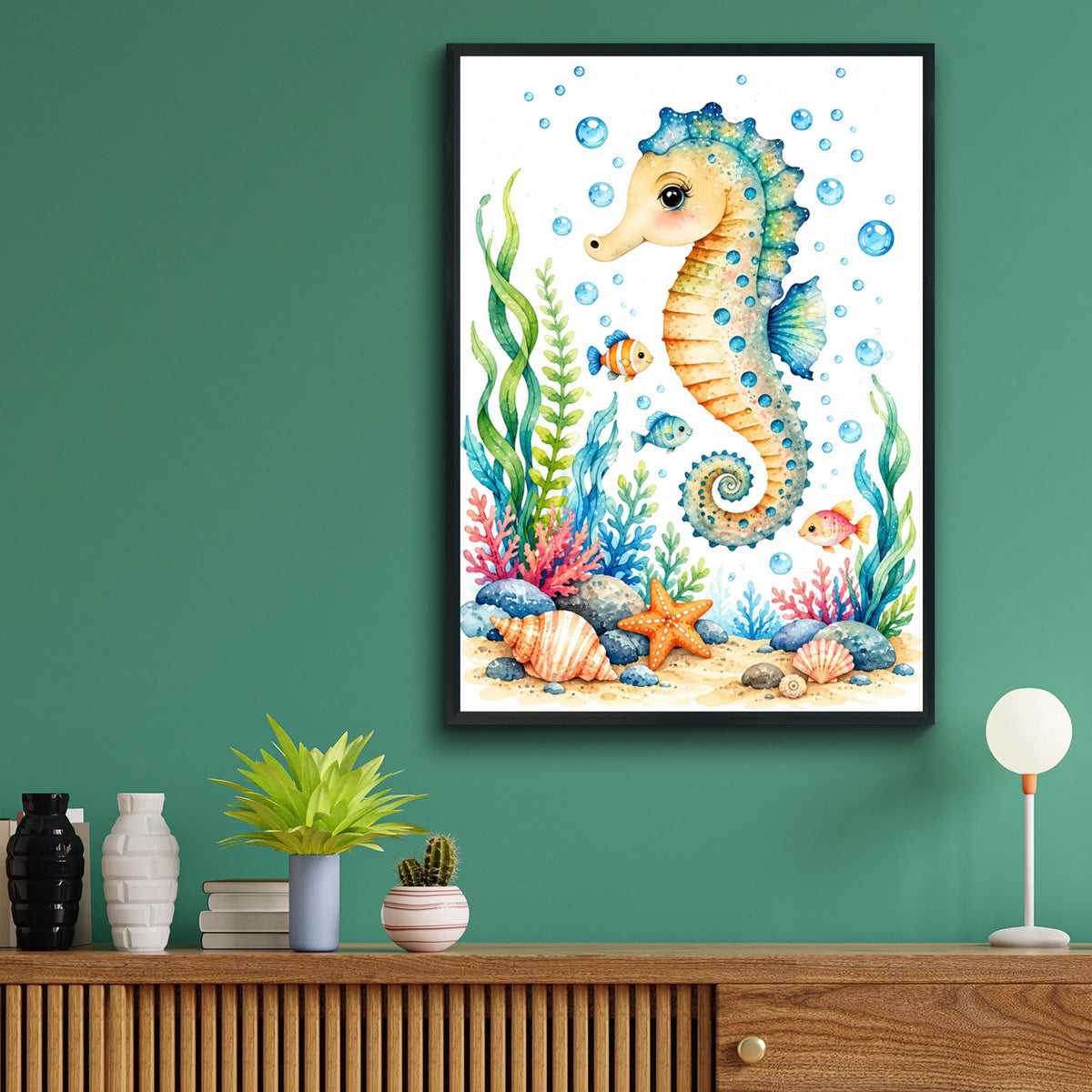 Seahorse Nursery Wall Art, Watercolour Ocean Animals Poster, Under the Sea Kids Room Decor Picture