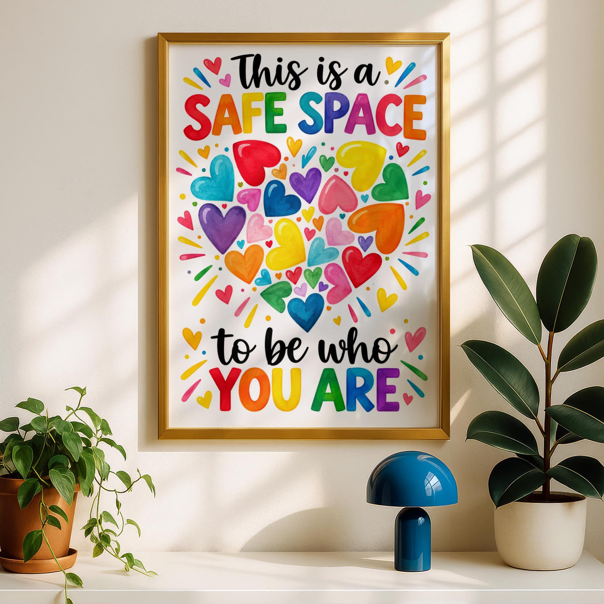 Safe Space Rainbow Hearts Poster, Inclusive Classroom Decor, Pride Quote Wall Art Print