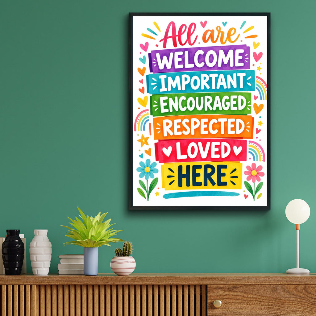 Inclusive Classroom Poster, Rainbow Welcome Wall Art Print, Colourful Kindness Quote, School Decor