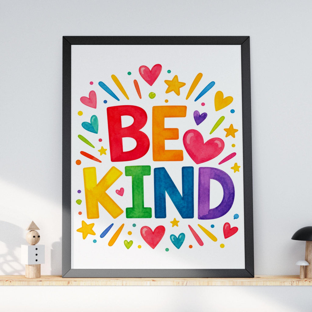 Be Kind Rainbow Watercolour Poster, Colourful Typography Wall Art, Hearts Stars, Nursery Playroom