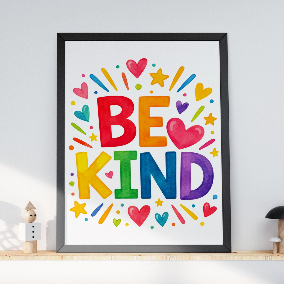 Be Kind Rainbow Watercolour Poster, Colourful Typography Wall Art, Hearts Stars, Nursery Playroom