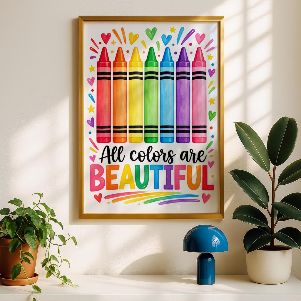 Rainbow Crayon Poster, Classroom Wall Art, Inclusive Kids Playroom Print, Teacher Gift Decor