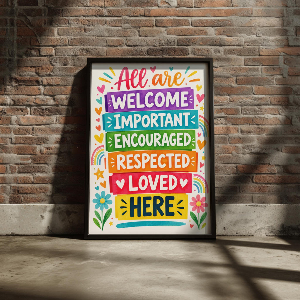 Inclusive Classroom Poster, Rainbow Welcome Wall Art Print, Colourful Kindness Quote, School Decor