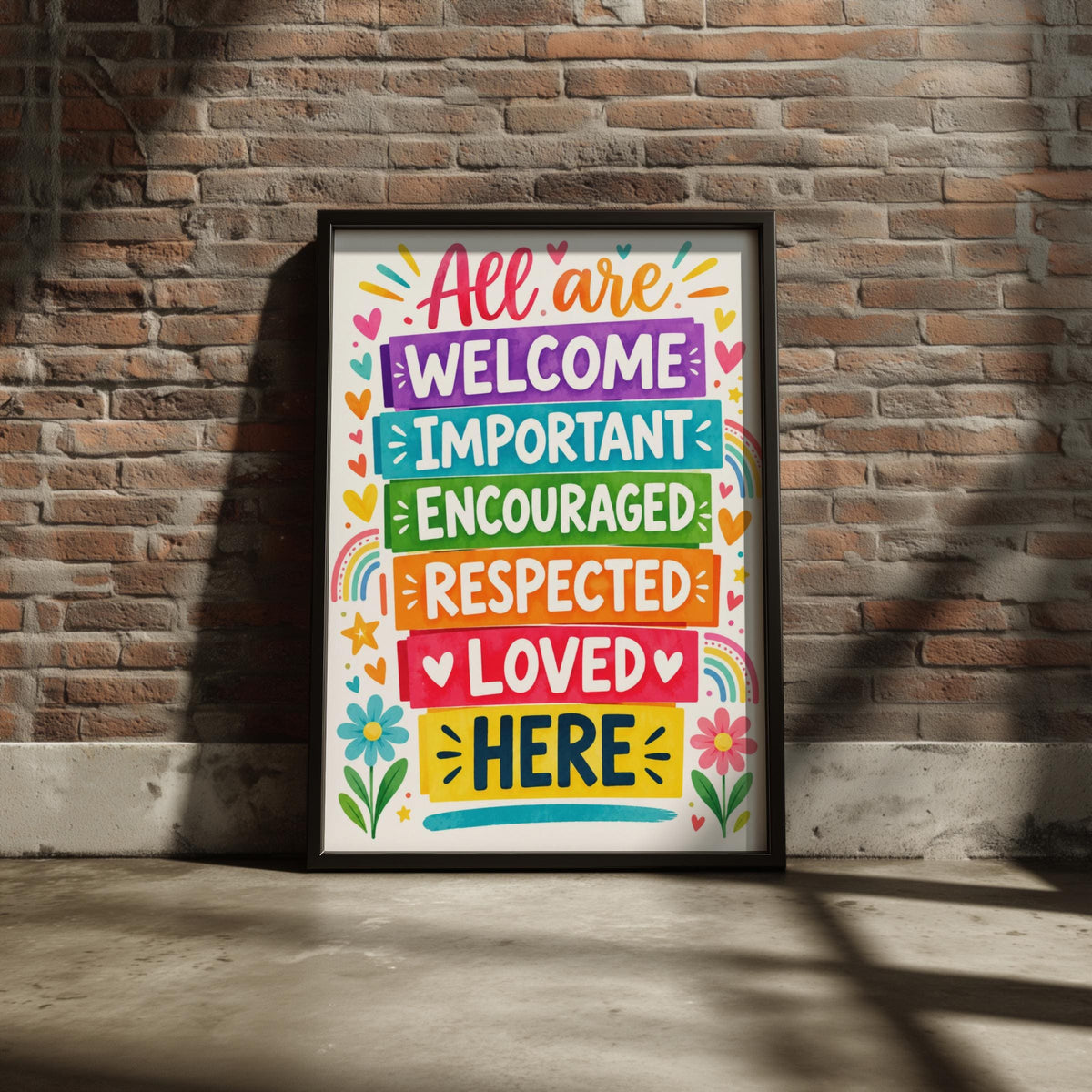Inclusive Classroom Poster, Rainbow Welcome Wall Art Print, Colourful Kindness Quote, School Decor