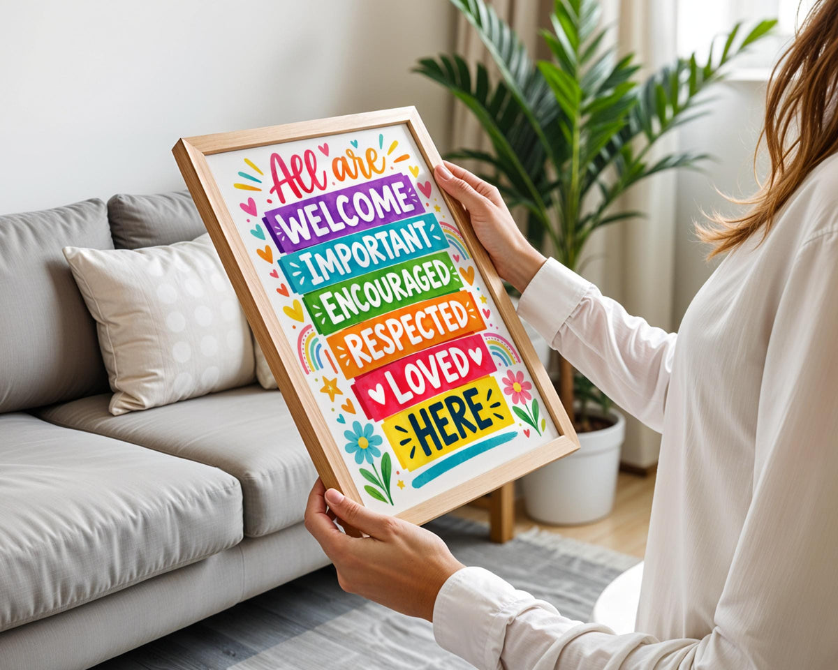 Inclusive Classroom Poster, Rainbow Welcome Wall Art Print, Colourful Kindness Quote, School Decor