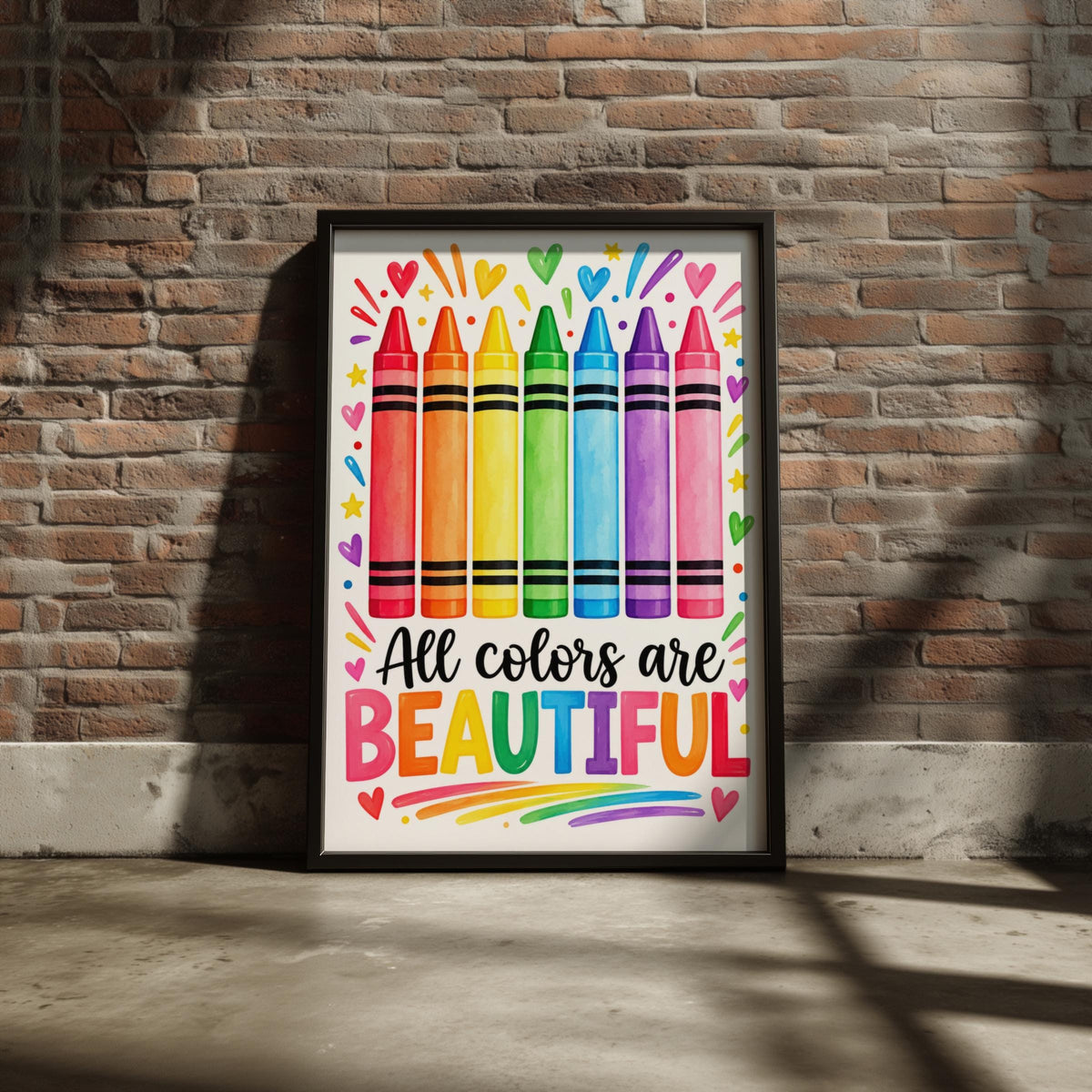 Rainbow Crayon Poster, Classroom Wall Art, Inclusive Kids Playroom Print, Teacher Gift Decor
