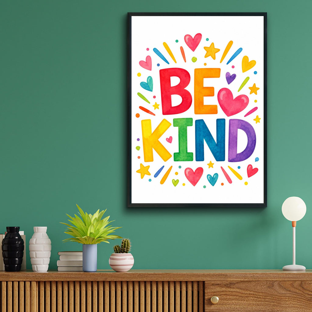 Be Kind Rainbow Watercolour Poster, Colourful Typography Wall Art, Hearts Stars, Nursery Playroom