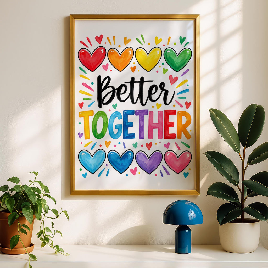Better Together Rainbow Hearts Print, Colourful Typography Poster, Watercolour Quote Wall Art