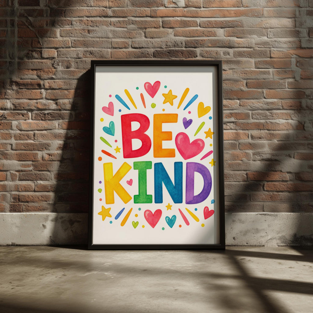 Be Kind Rainbow Watercolour Poster, Colourful Typography Wall Art, Hearts Stars, Nursery Playroom