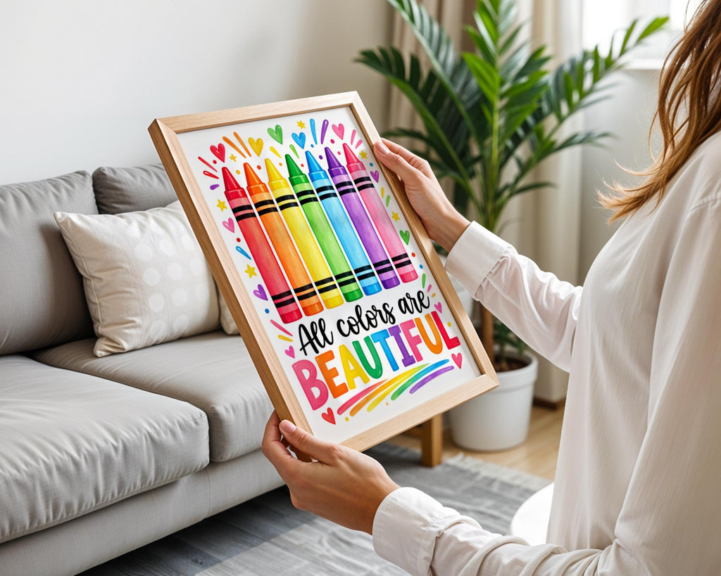 Rainbow Crayon Poster, Classroom Wall Art, Inclusive Kids Playroom Print, Teacher Gift Decor