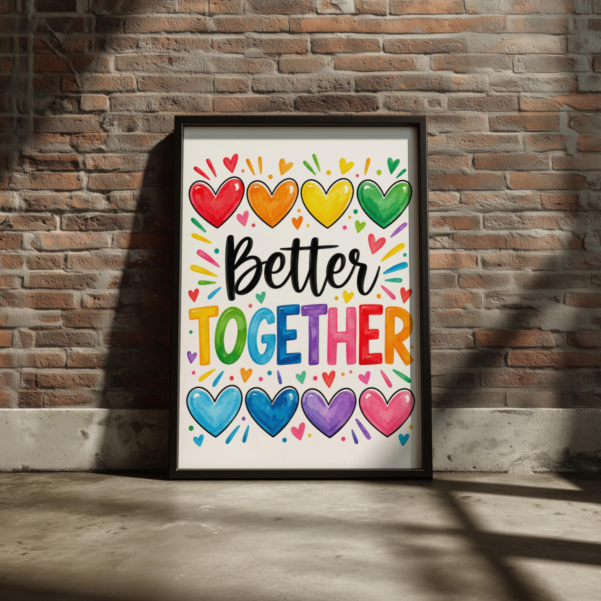 Better Together Rainbow Hearts Print, Colourful Typography Poster, Watercolour Quote Wall Art