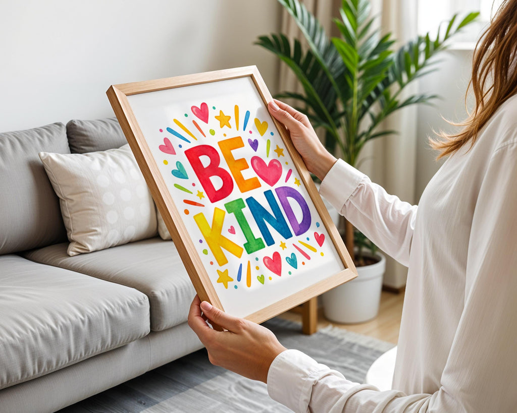 Be Kind Rainbow Watercolour Poster, Colourful Typography Wall Art, Hearts Stars, Nursery Playroom