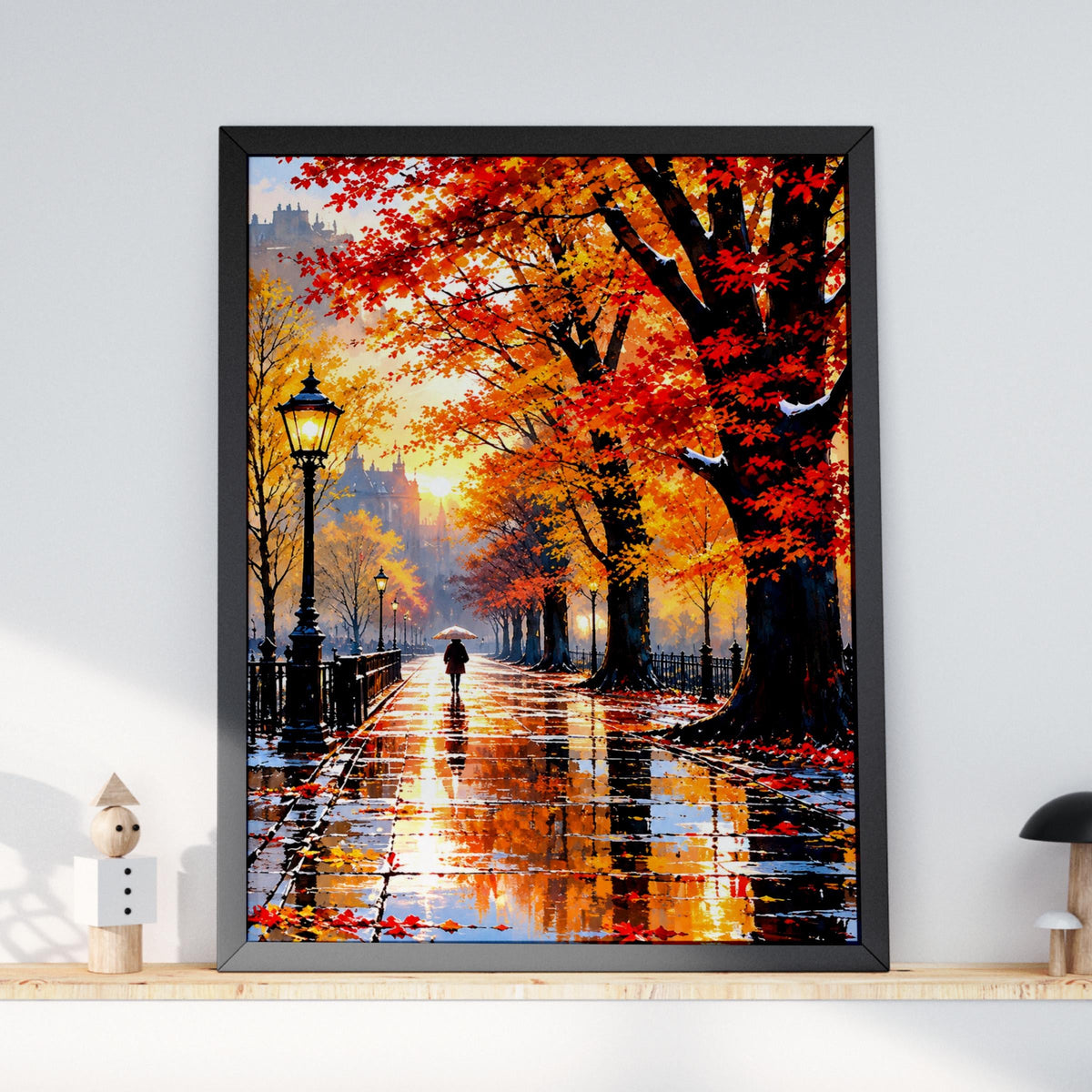 Autumn Promenade Wall Art, Rainy Day Park Painting, Red Orange Maple Trees, Vintage Lamppost Poster