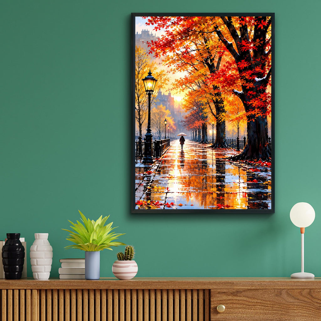 Autumn Promenade Wall Art, Rainy Day Park Painting, Red Orange Maple Trees, Vintage Lamppost Poster