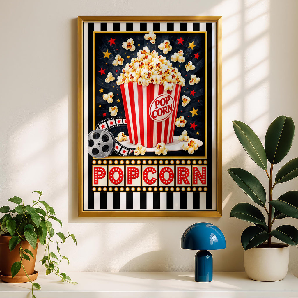 Retro Popcorn Cinema Poster, Movie Night Wall Art, Red Striped Popcorn Bucket, Home Cinema Room