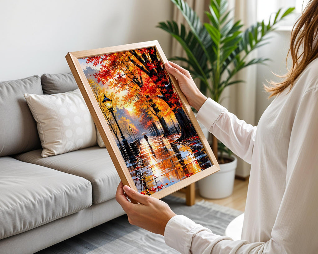 Autumn Promenade Wall Art, Rainy Day Park Painting, Red Orange Maple Trees, Vintage Lamppost Poster