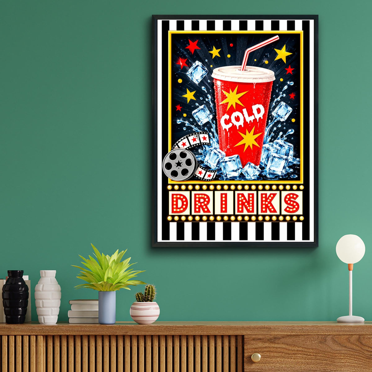 Retro Cinema Drinks Poster, Home Cinema Wall Art, Cold Soda Cup Print, Movie Room Decor, Bar Sign