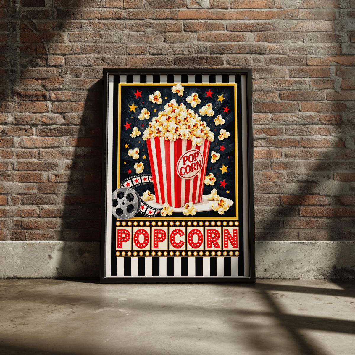 Retro Popcorn Cinema Poster, Movie Night Wall Art, Red Striped Popcorn Bucket, Home Cinema Room