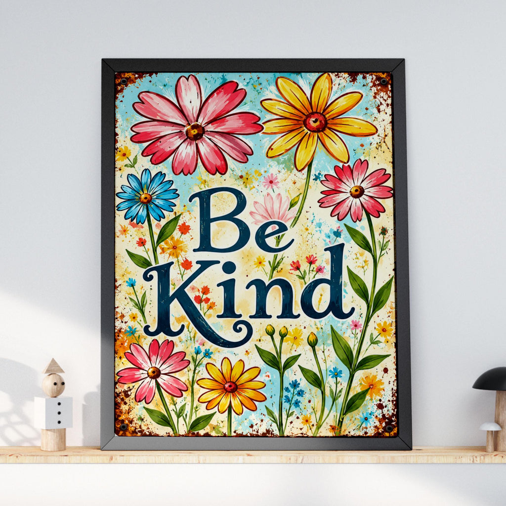 Be Kind Vintage Floral Wall Art, Rustic Metal Sign Style Poster, Colourful Daisy Print for Home