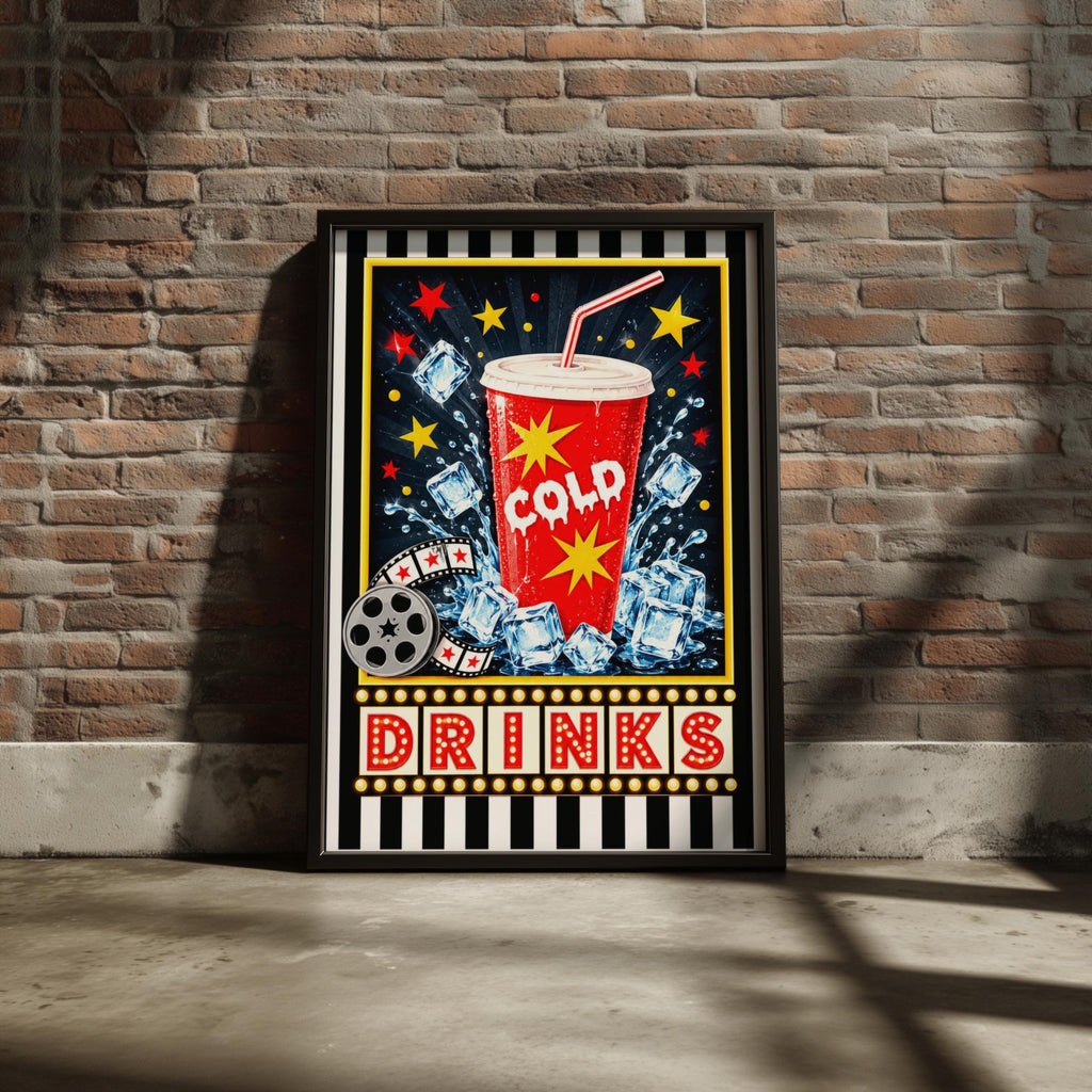 Retro Cinema Drinks Poster, Home Cinema Wall Art, Cold Soda Cup Print, Movie Room Decor, Bar Sign