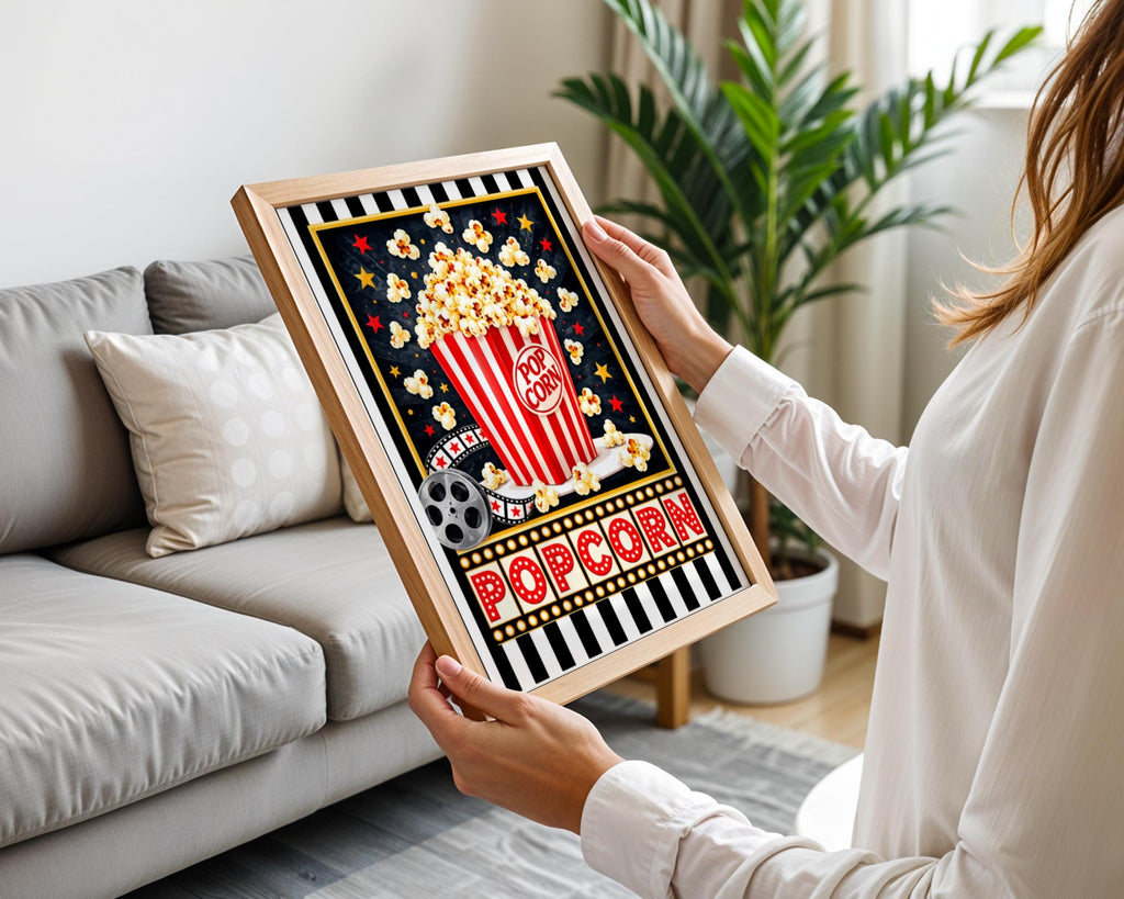Retro Popcorn Cinema Poster, Movie Night Wall Art, Red Striped Popcorn Bucket, Home Cinema Room