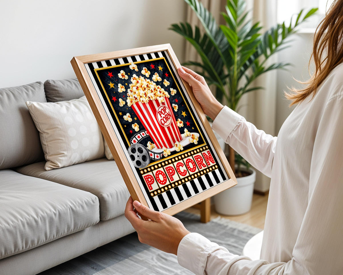 Retro Popcorn Cinema Poster, Movie Night Wall Art, Red Striped Popcorn Bucket, Home Cinema Room