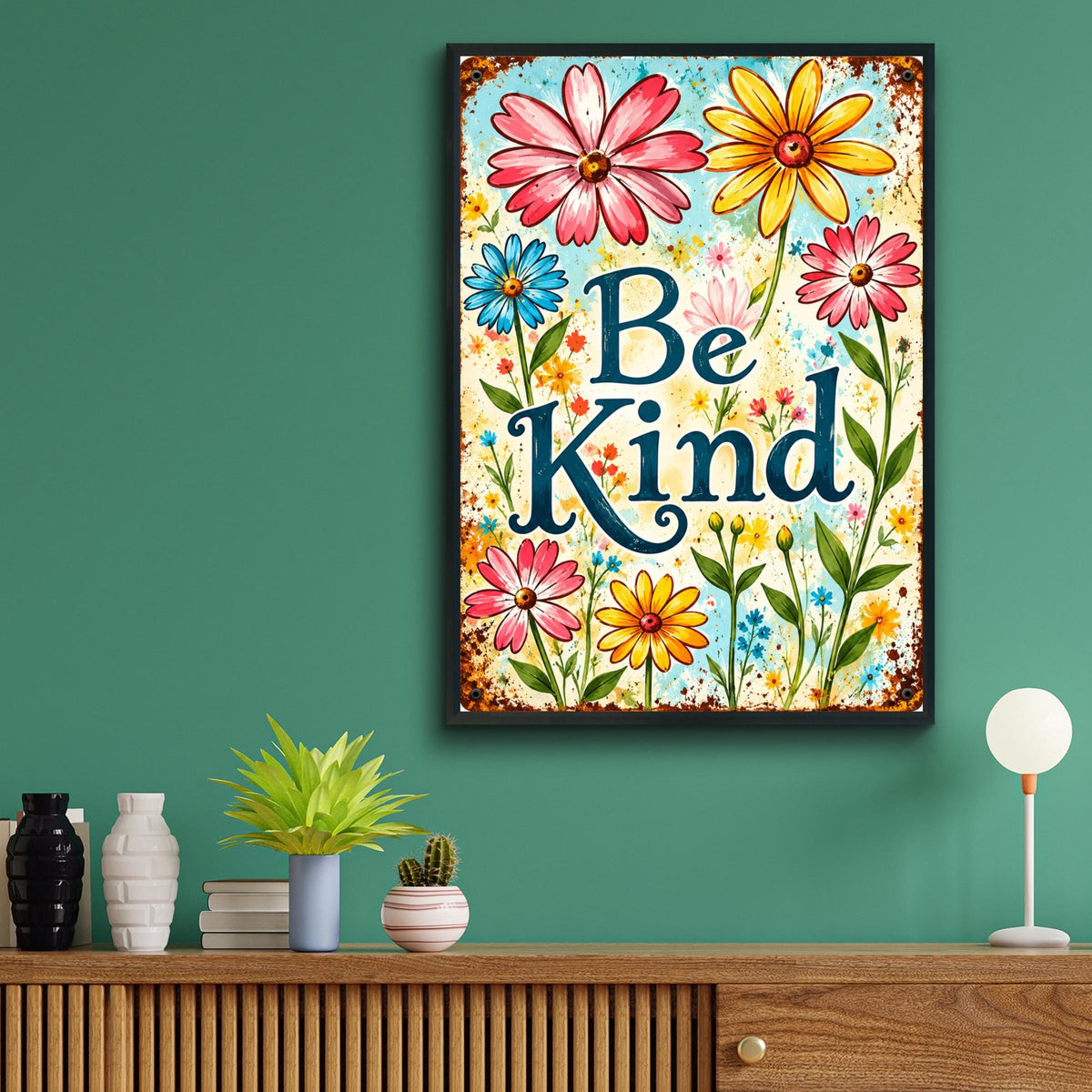 Be Kind Vintage Floral Wall Art, Rustic Metal Sign Style Poster, Colourful Daisy Print for Home