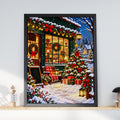 Christmas Bookshop Wall Art, Snowy Village Winter Scene Print, Festive Poster, Cosy Holiday Decor