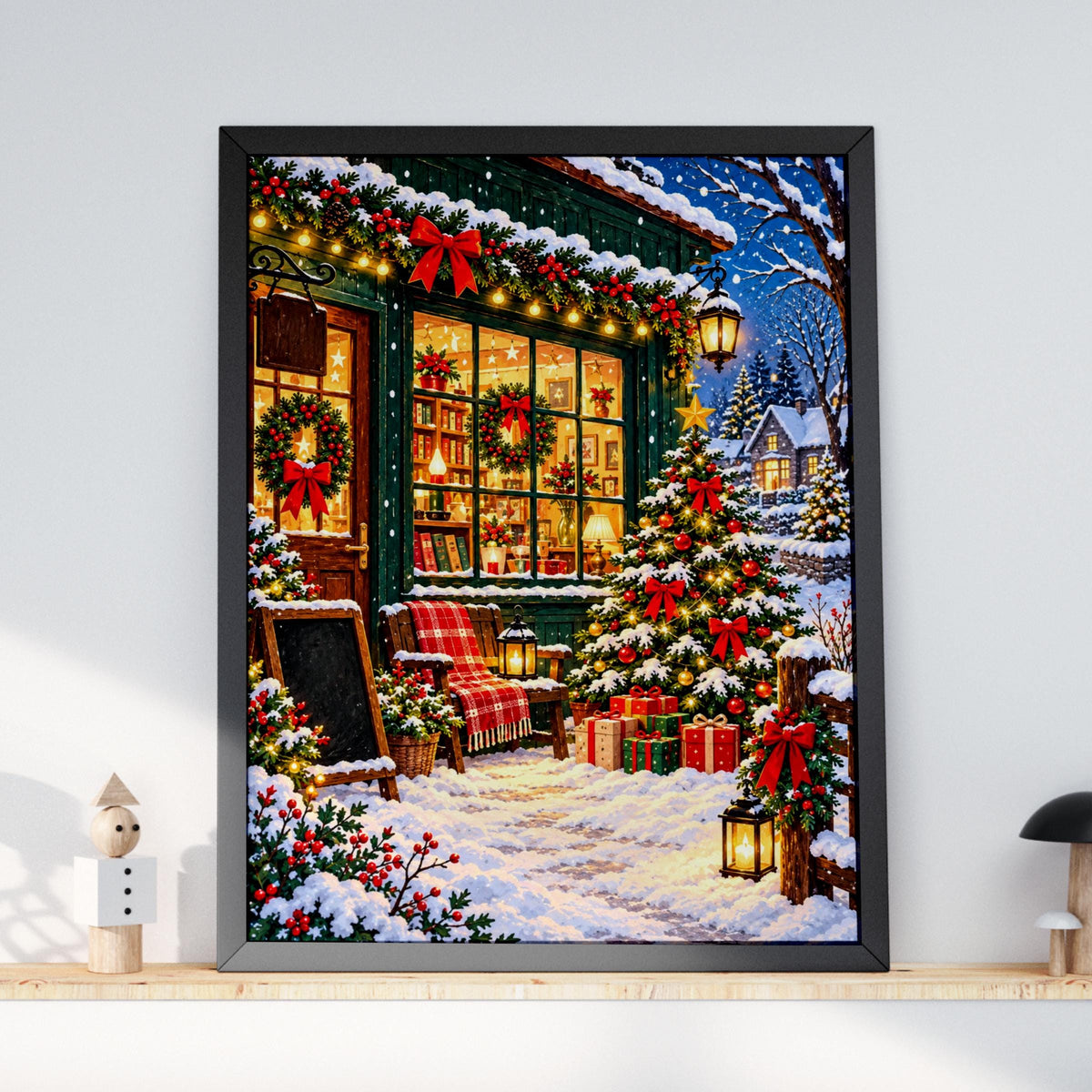 Christmas Bookshop Wall Art, Snowy Village Winter Scene Print, Festive Poster, Cosy Holiday Decor