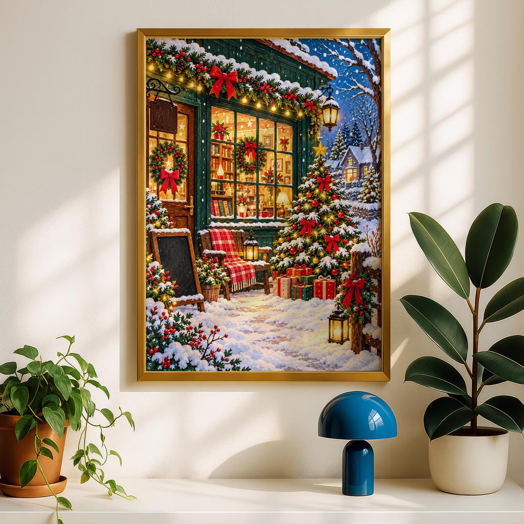 Christmas Bookshop Wall Art, Snowy Village Winter Scene Print, Festive Poster, Cosy Holiday Decor