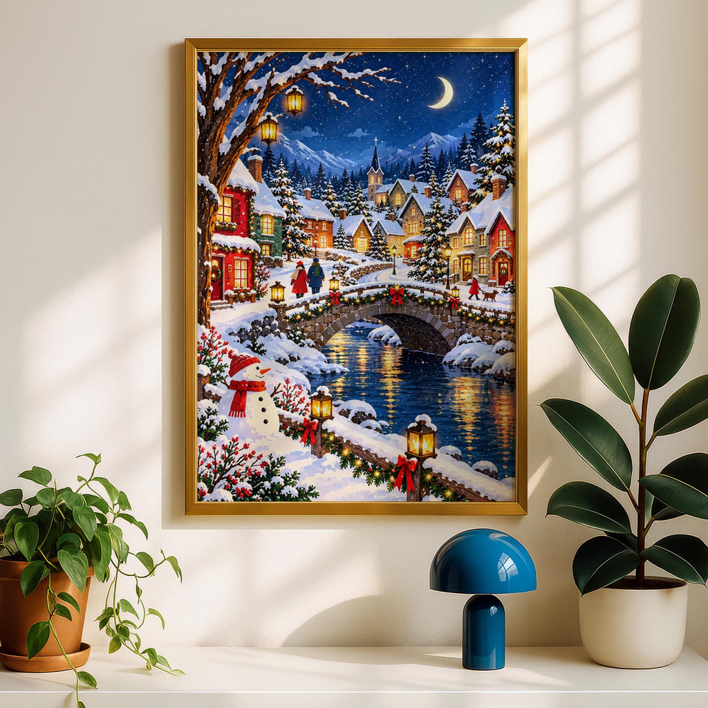 Christmas Winter Village Wall Art, Snowy Night Scene Poster, Stone Bridge, Snowman, Festive Lanterns
