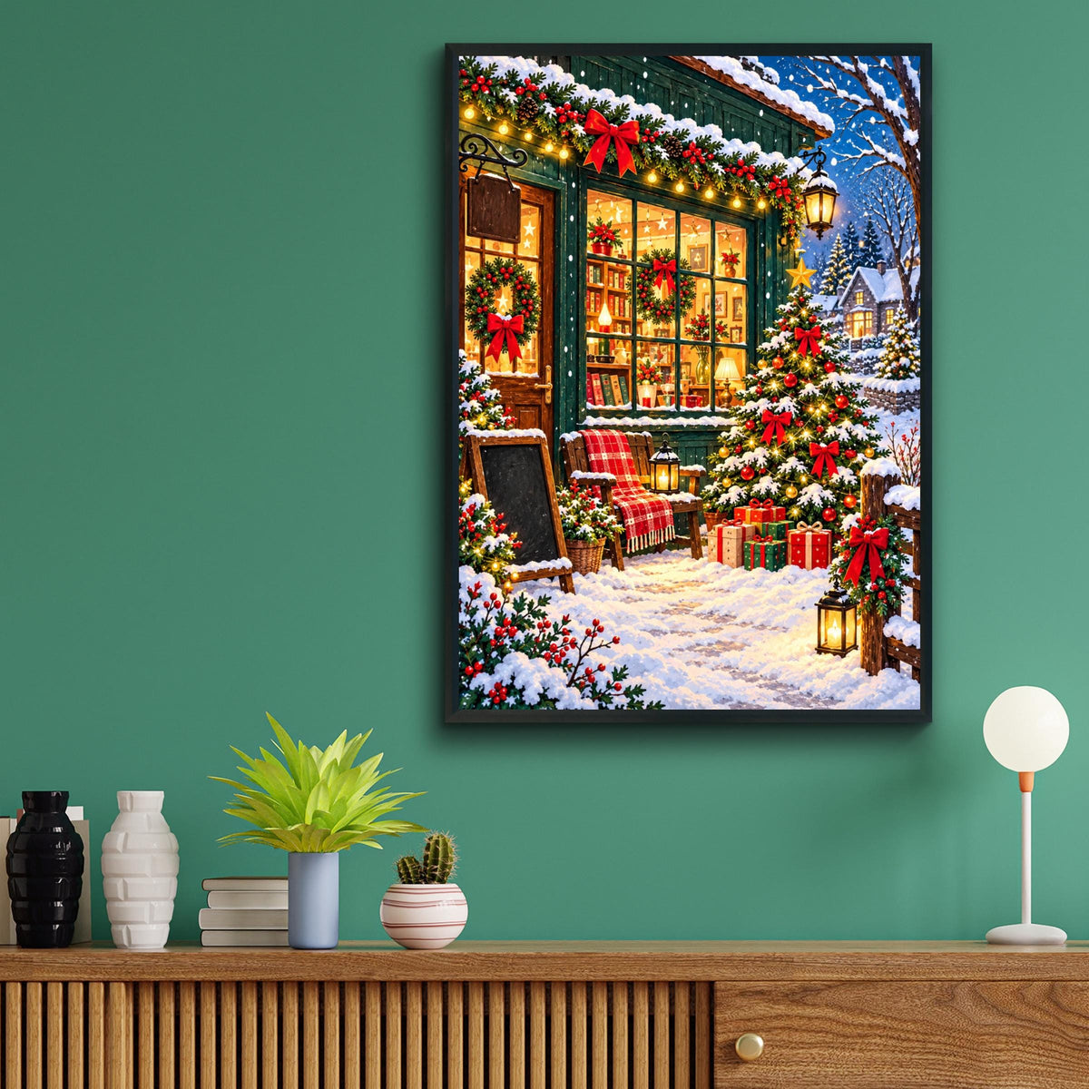 Christmas Bookshop Wall Art, Snowy Village Winter Scene Print, Festive Poster, Cosy Holiday Decor