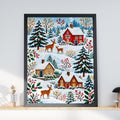 Winter Village Deer Art Print, Christmas Cottage Poster, Snowy Forest, Red Berries, Festive Wall