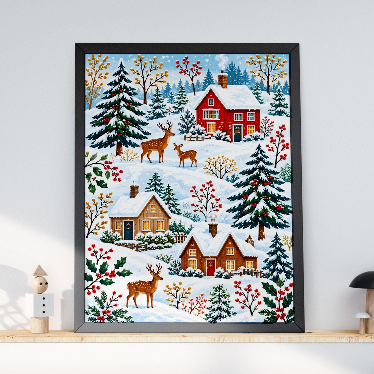 Winter Village Deer Art Print, Christmas Cottage Poster, Snowy Forest, Red Berries, Festive Wall