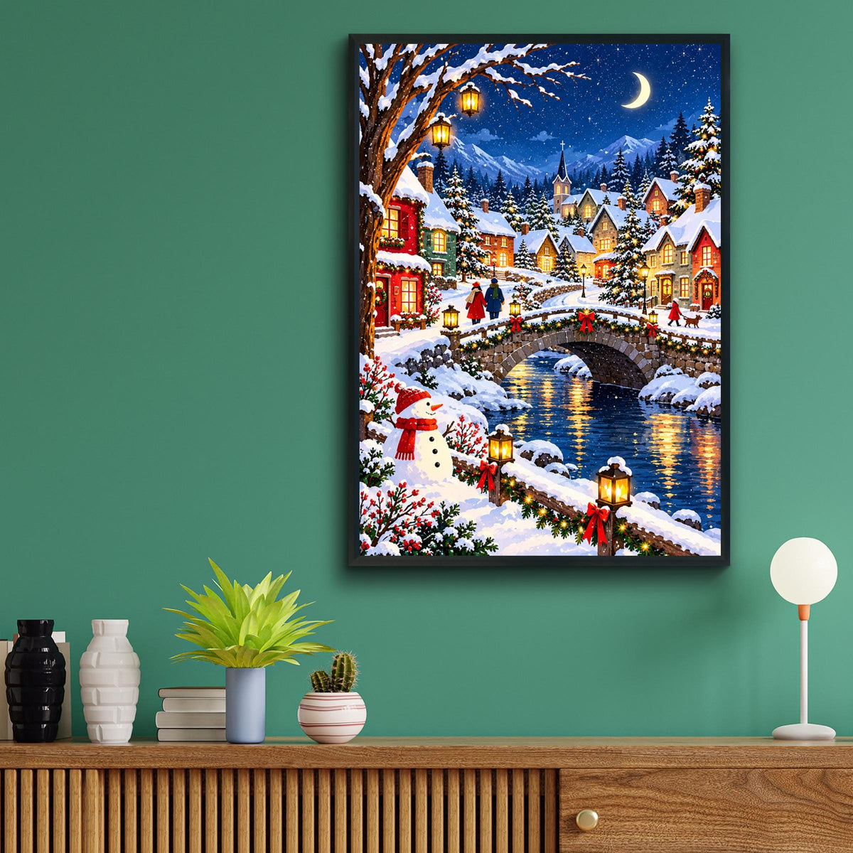 Christmas Winter Village Wall Art, Snowy Night Scene Poster, Stone Bridge, Snowman, Festive Lanterns