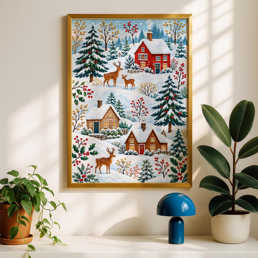 Winter Village Deer Art Print, Christmas Cottage Poster, Snowy Forest, Red Berries, Festive Wall