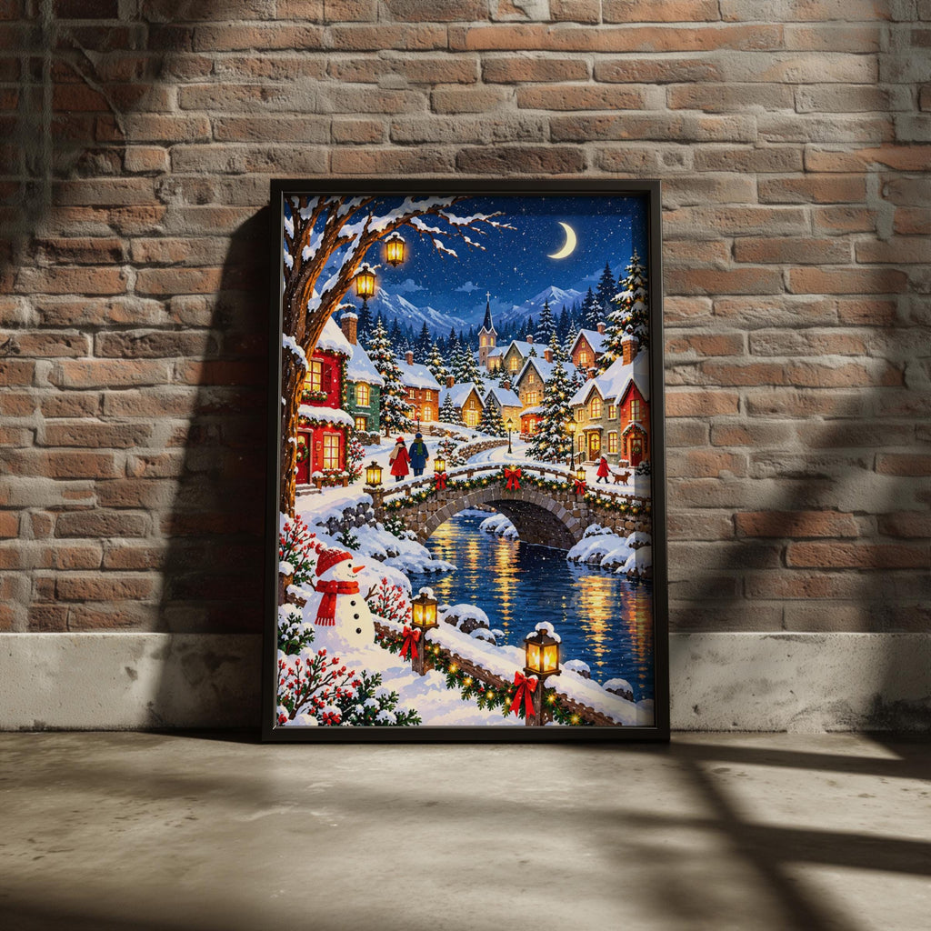 Christmas Winter Village Wall Art, Snowy Night Scene Poster, Stone Bridge, Snowman, Festive Lanterns