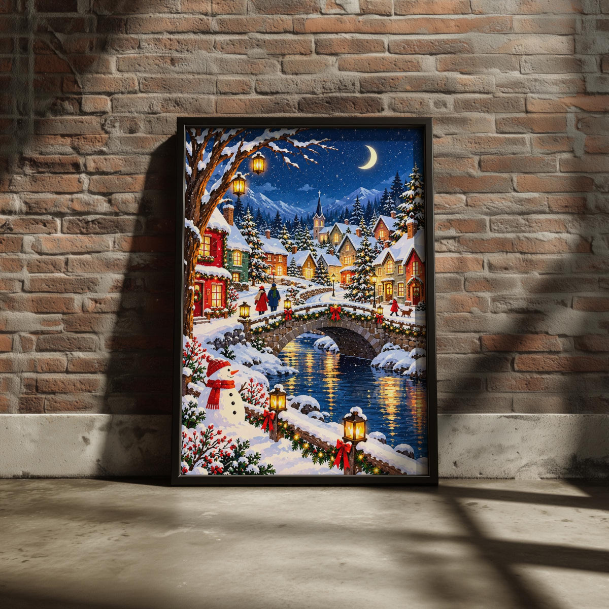 Christmas Winter Village Wall Art, Snowy Night Scene Poster, Stone Bridge, Snowman, Festive Lanterns