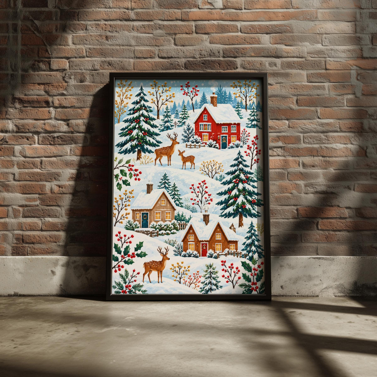 Winter Village Deer Art Print, Christmas Cottage Poster, Snowy Forest, Red Berries, Festive Wall