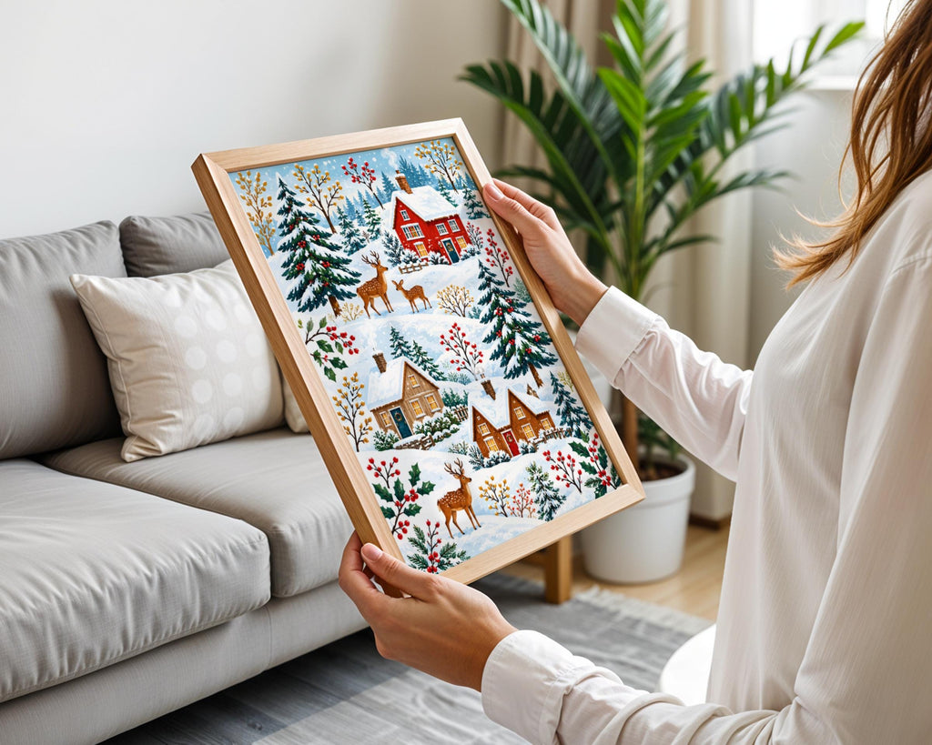 Winter Village Deer Art Print, Christmas Cottage Poster, Snowy Forest, Red Berries, Festive Wall