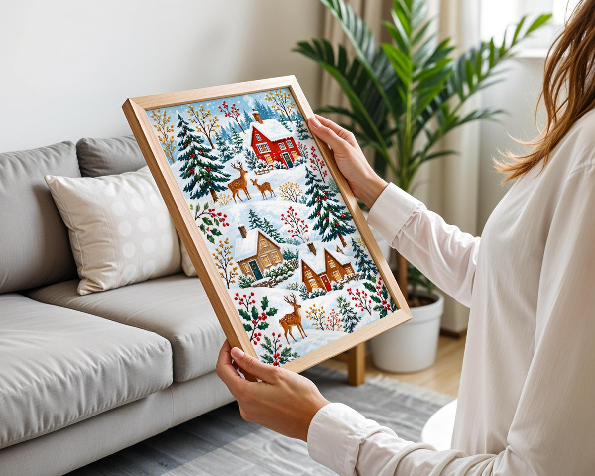 Winter Village Deer Art Print, Christmas Cottage Poster, Snowy Forest, Red Berries, Festive Wall